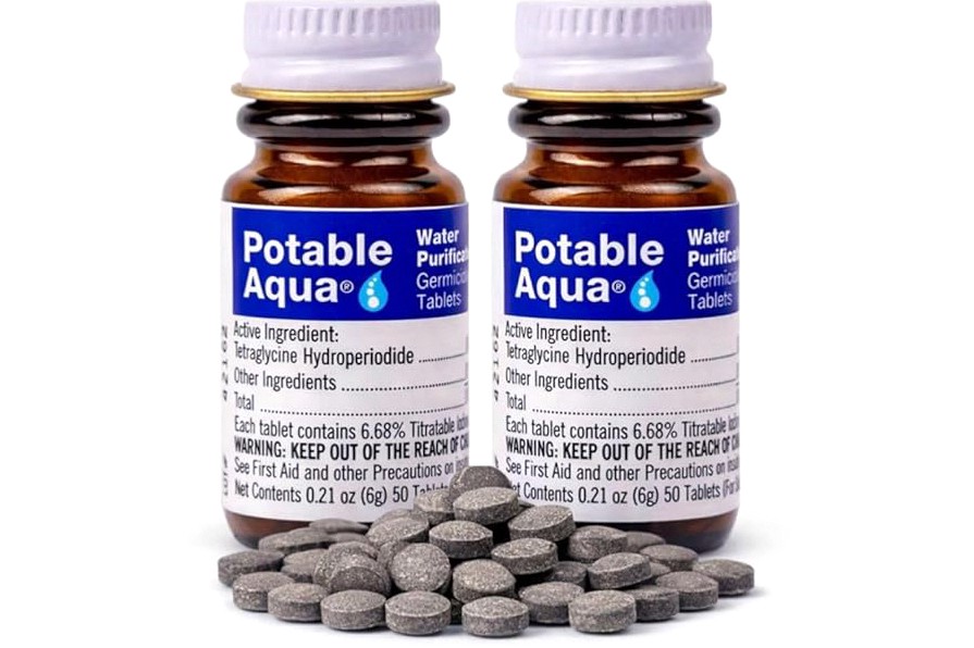 Potable Aqua Water Purification Tablets, Portable and Effective Water Purification Solution for Camping, Hiking, Emergencies, Natural Disasters and International Travel, Two 50ct Bottles, Blue product image