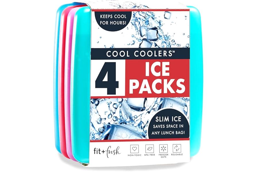 Cool Coolers by Fit & Fresh 4 Pack Slim Ice Packs, Quick Freeze Space Saving Reusable Ice Packs for Lunch Boxes or Coolers, Multi Colored product image