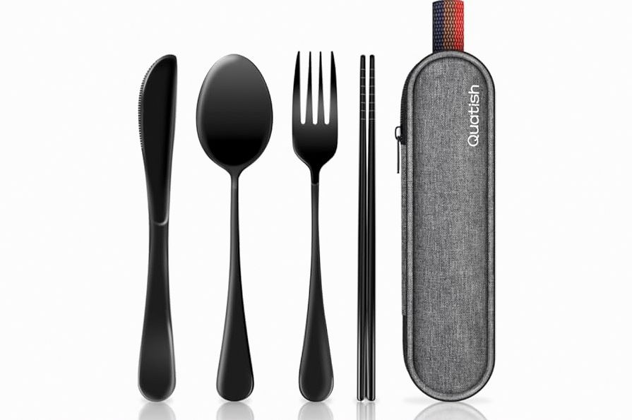 Travel Utensils with Case, Quatish Portable Silverware Set for Work, Stainless Steel Reusable Travel Cutlery Set, Fork and Spoon Set for Camping, Picnic, Gadgets, Lunch Box for Men, Black product image