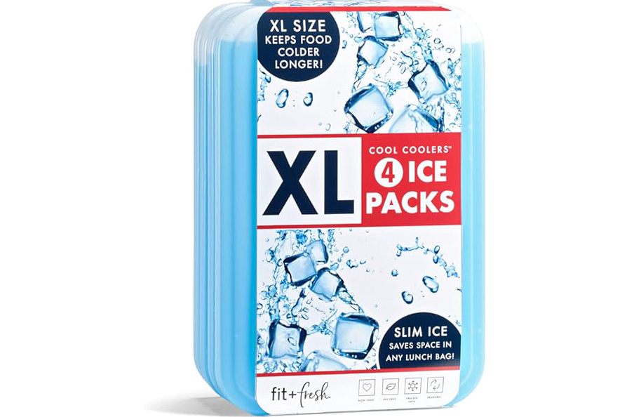 Cool Coolers by Fit & Fresh 4 Pack XL Slim Ice Packs, Quick Freeze Space Saving Reusable Ice Packs for Lunch Boxes or Coolers, Blue, 239ICE, 4 count (Pack of 1) product image